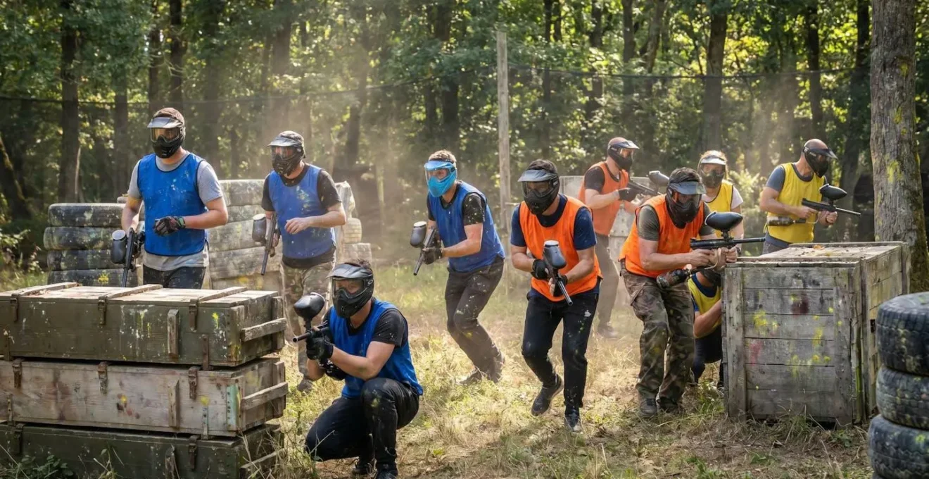Groupe de joueurs en équipement de paintball sur un terrain extérieur boisé près de Bordeaux