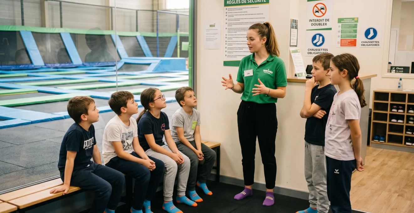 Animateur expliquant les consignes de sécurité à un groupe d'enfants assis et debout dans la zone d'accueil d'un trampoline park