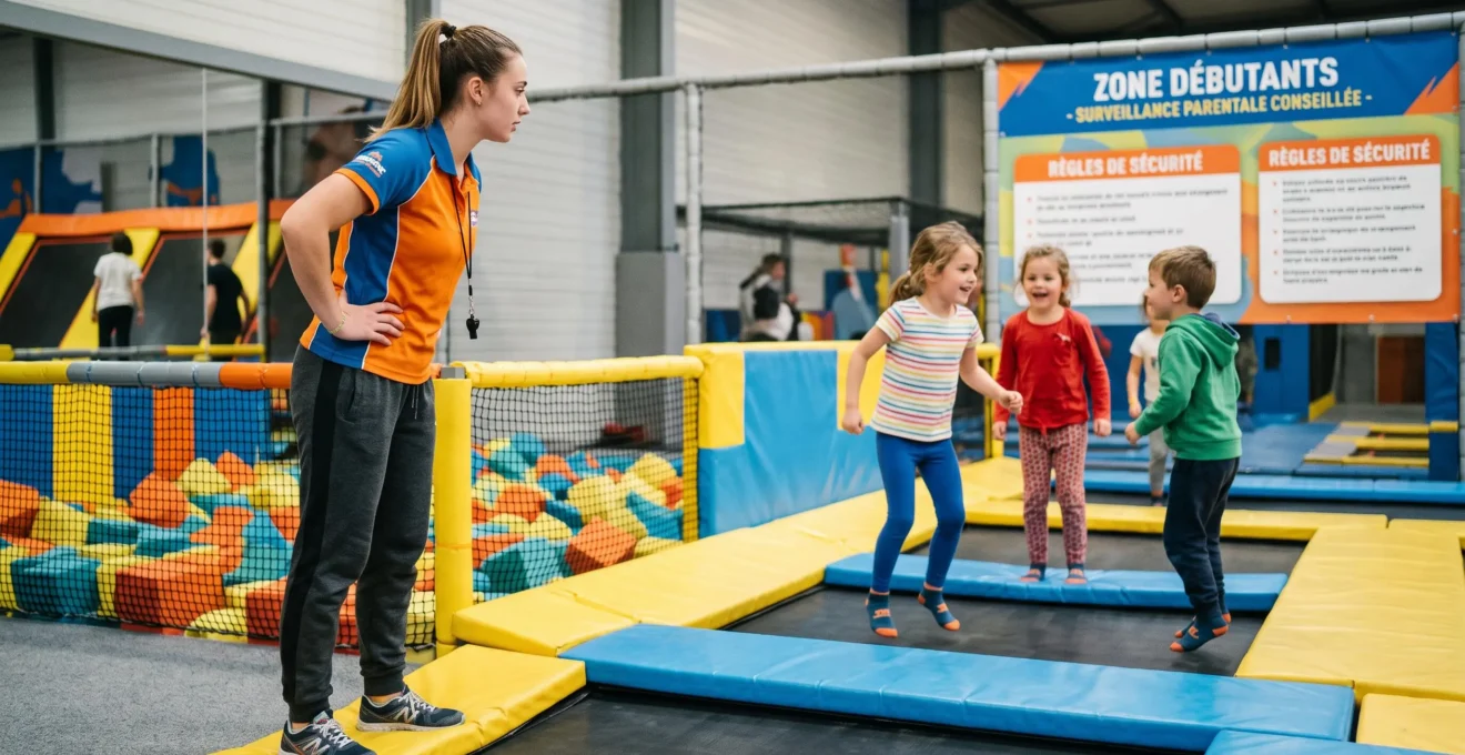 Surveillant debout en position de supervision active observant attentivement de jeunes enfants en train de sauter sur des trampolines adaptés à leur âge