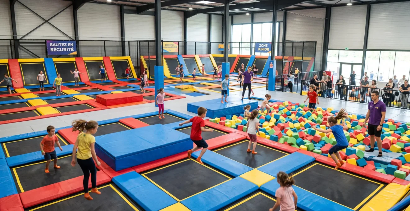 Vue d'ensemble d'un trampoline park indoor avec plusieurs enfants sautant sur des trampolines individuels séparés par des protections de sécurité
