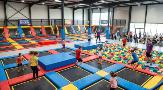 Vue d'ensemble d'un trampoline park indoor avec plusieurs enfants sautant sur des trampolines individuels séparés par des protections de sécurité