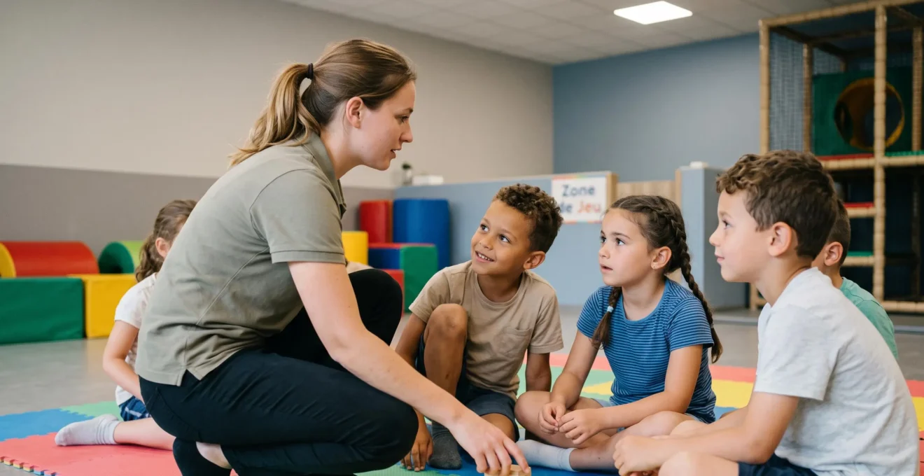 Animateur professionnel encadrant un petit groupe d'enfants lors d'une activité d'anniversaire indoor