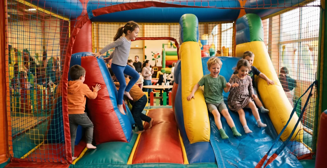 Enfants jouant et grimpant dans un château gonflable coloré lors d'une fête d'anniversaire indoor