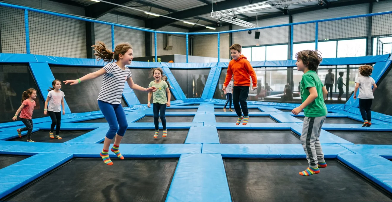Groupe d'enfants sautant joyeusement sur des trampolines dans un parc de trampolines indoor