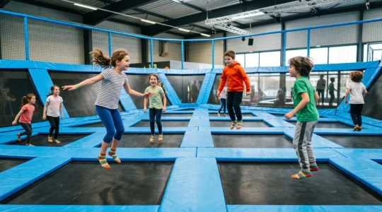 Groupe d'enfants sautant joyeusement sur des trampolines dans un parc de trampolines indoor