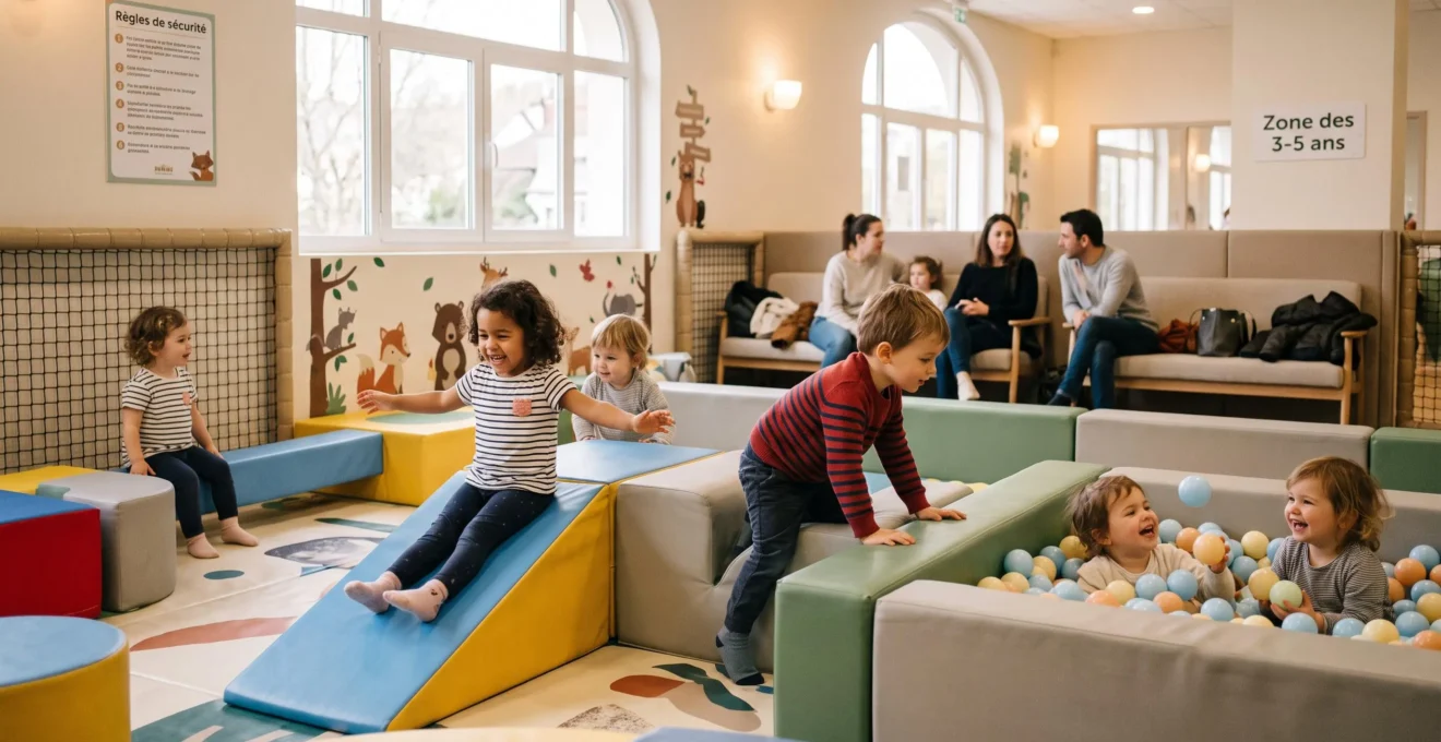 Jeunes enfants de 3 à 5 ans jouant dans un espace de jeux adapté avec modules en mousse et surveillance parentale